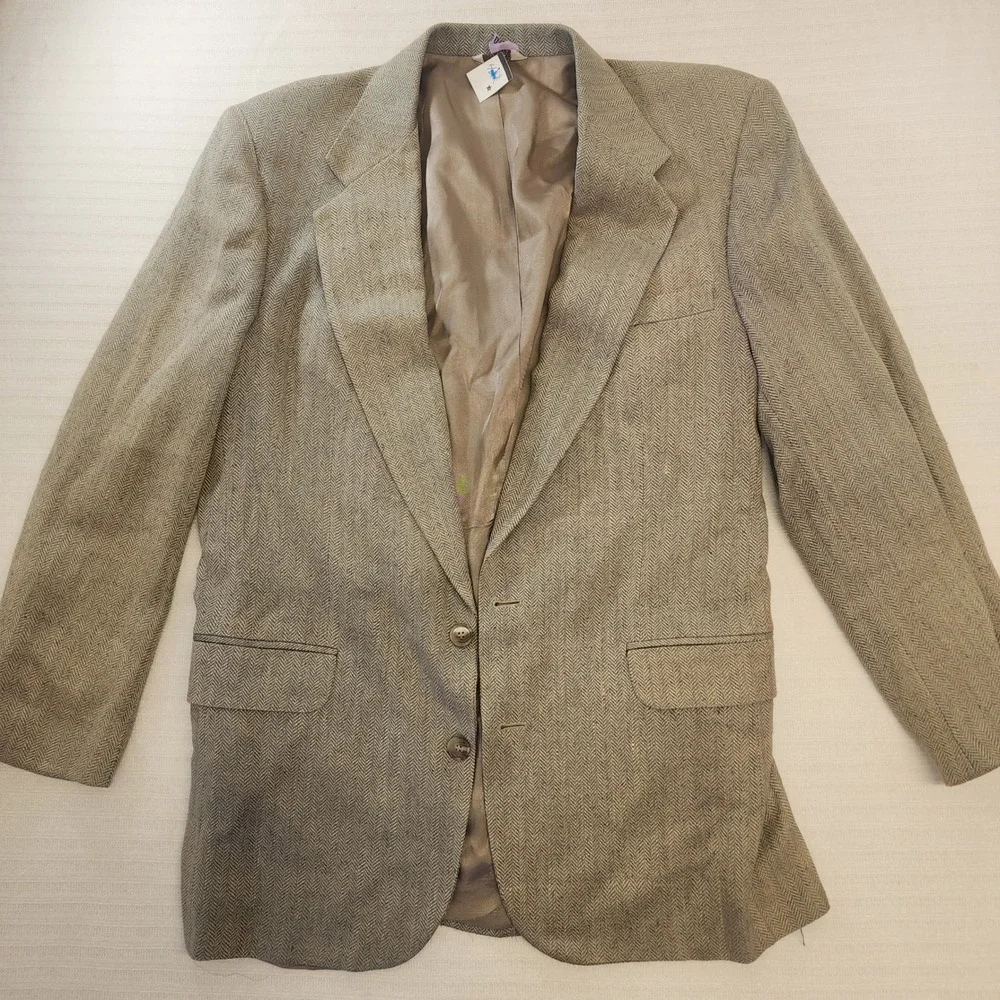 Orvis Mens 42L Herringbone Tweed Blazer Sport Coat Tan Brown Made in USA 42 Long